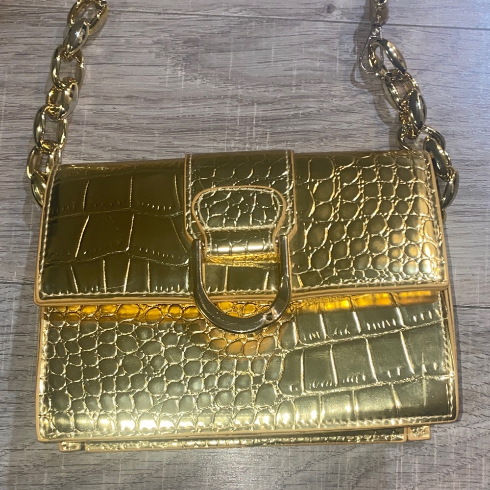 Gold Croc-Embossed Crossbody Bag